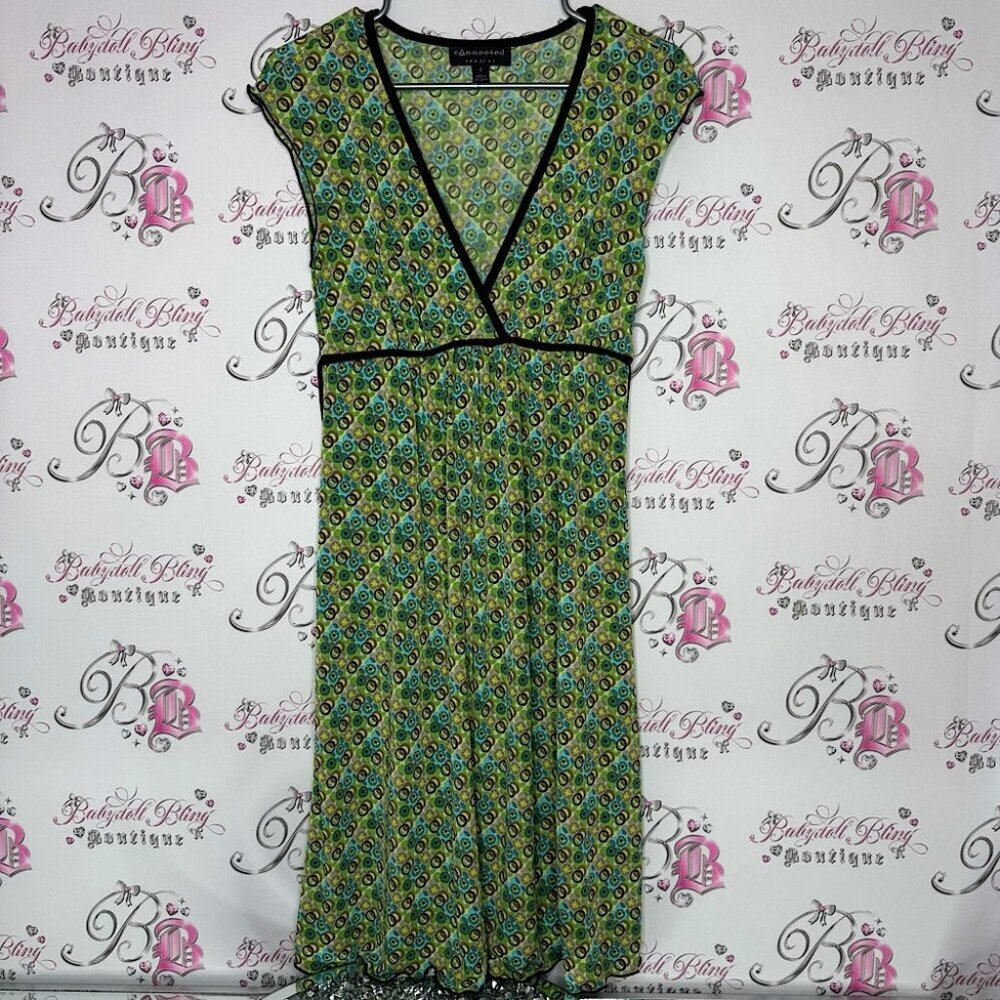 Connected apparel dress dotted circles green brown waist tie up belt stretchy